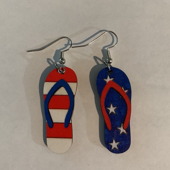 Independence Day Red White and Blue Flip Flop Double Sided Wooden Earrings - Picture 2 of 5